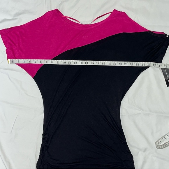 Y2K INC Rhinestone Cold Shoulder Ruched Side Colorblock Mini Dress Pink Black MP - Picture 11 of 15